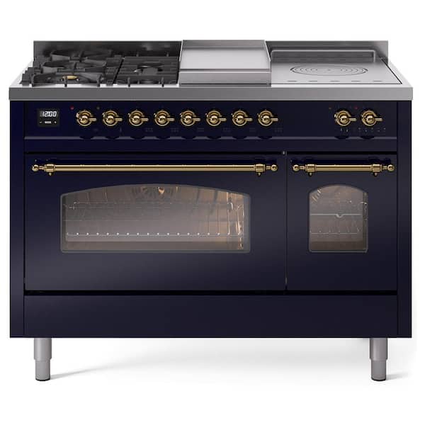 ILVE Nostalgie II 48 in. 5-Burner/Frenchtop/Griddle Freestanding Double Oven Dual Fuel Range in Midnight Blue with Brass