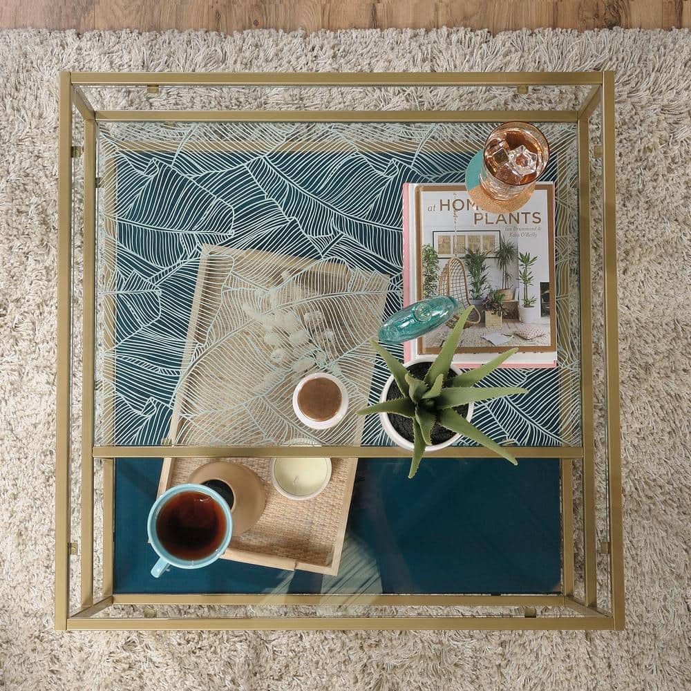 Satin Gold Square Coastal Glass Coffee Table with Abstract Shelves