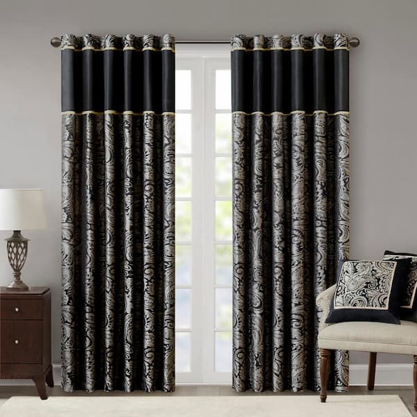 Madison Park Wellington Black Paisley Polyester 50 in. W x 95 in. L Light Filtering 2-Piece Rod Pocket and Back Tabs Curtain