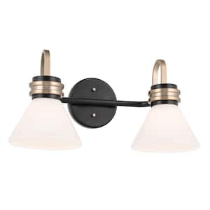 Farum 19.25 in. 2-Light Black with Champagne Bronze Modern Bathroom Vanity Light with Opal Glass Shades