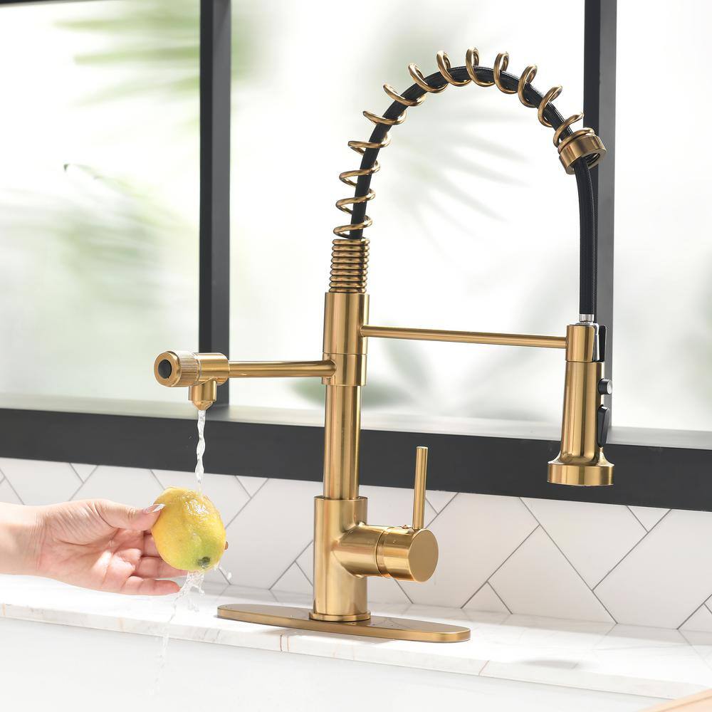 Brushed Gold Commercial Pull-Down Kitchen Faucet with Spray