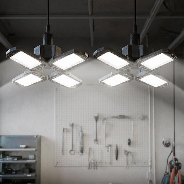 12 in. 60-Watt Black Deformable LED Adjustable Garage Light Semi-Flush Mount Lighting 4-Leaf 6500K Daylight White 2-Pack