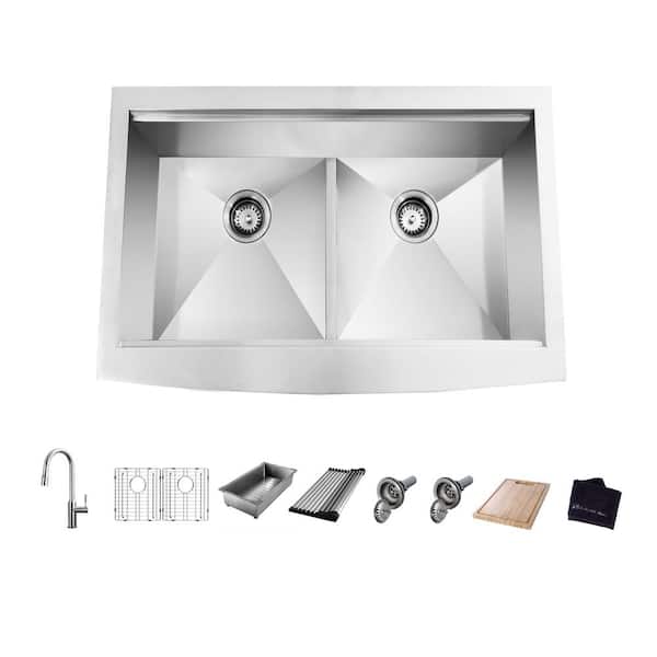 Glacier Bay Zero Radius 33 in. Apron-Front 50/50 Double Bowl 18 Gauge Stainless Steel Workstation Kitchen Sink with Pull-Down Faucet