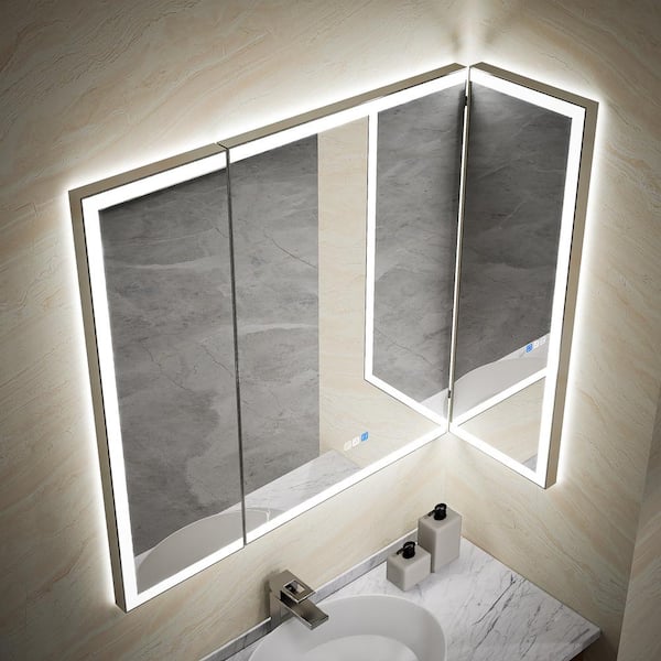 60 in. W x 36 in. H Rectangular Frameless Wall Mounted Tri-Fold Led Bathroom Vanity Mirror in Silver and Dimmer