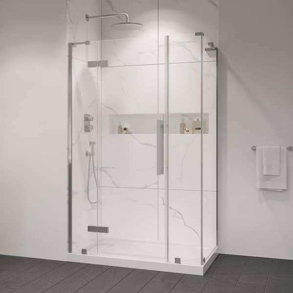 OVE Decors Tampa 48 in. L x 36 in. W x 72.01 in. H Corner Shower Kit with Pivot Frameless Door in Satin Nickel and Shower Pan