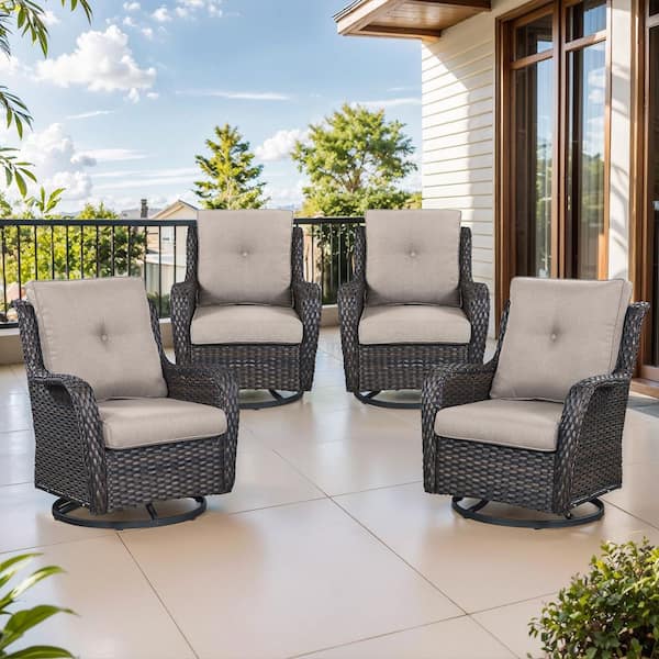 Pocassy 4-Piece Set Outdoor Swivel Brown Wicker Outdoor Rocking Chair with CushionGuard Beige Cushions