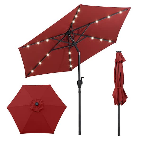 7.5 ft. Steel Market Solar Patio Umbrella with 18 LED Lights and Crank Handle in Red