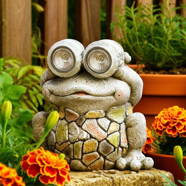 Liv & Skye Gray 11.75 in. x 12 in. Resin Frog with Solar Goggles