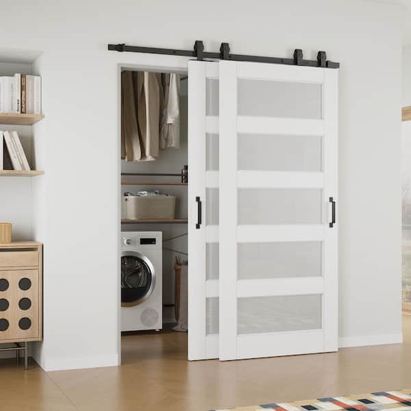 72 in. x 80 in. (Double 36 in. ) 5 Lite Frosted Glass White Primed MDF Sliding Barn Door with Hardware Kit Bypass