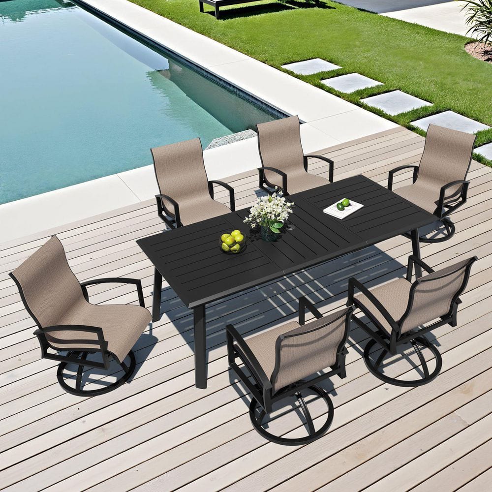 Ashe 7-Piece Rectangular Aluminum Outdoor Dining Set with 82.7 in. Table and Armchair
