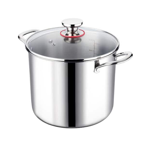 12 QT Stock Pot with Lid, Stainless Steel Tri-Ply Heavy Duty Large Soup Pot with Measuring Mark and Glass Lid