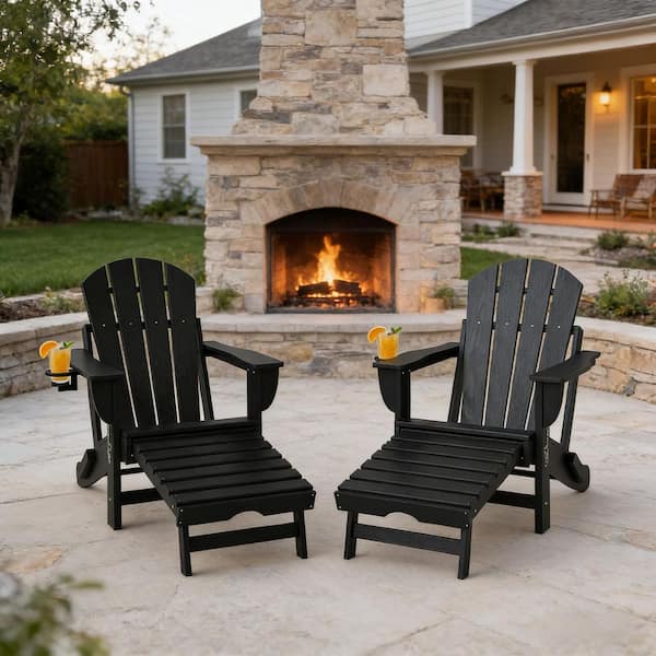 VAMOP Black Plastic Folding Adirondack Chair with Hidden Footrest