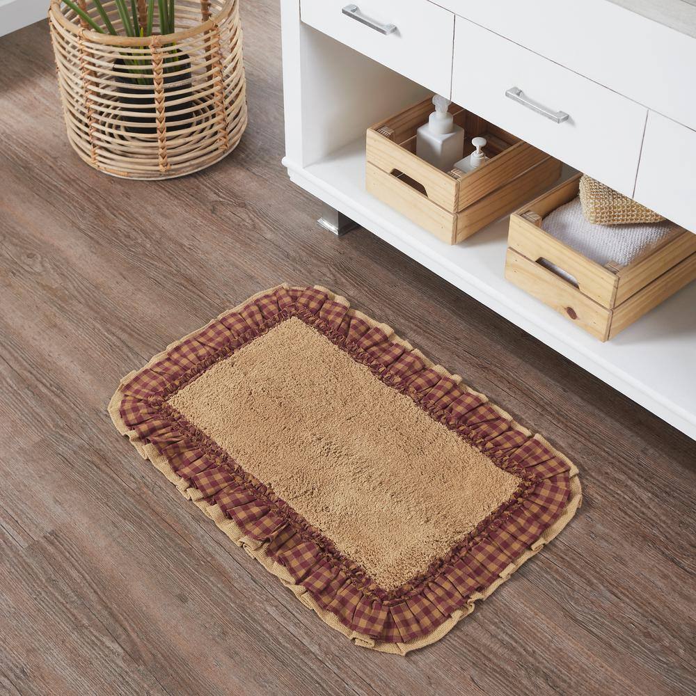 Natural Tan and Burgundy Checkered Cotton Bath Mat 20x30
