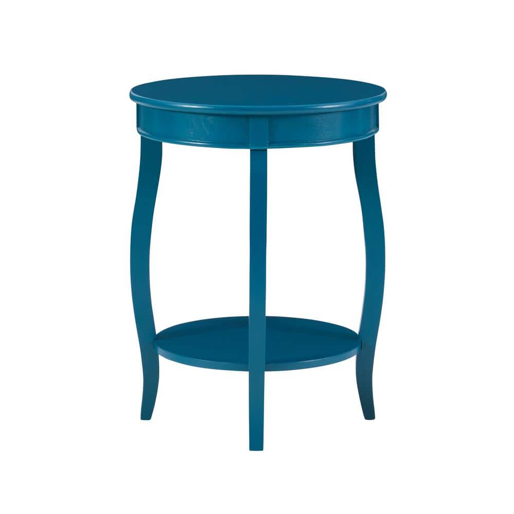 Teal Round Wood End Table with Shelf and Cabriole Legs
