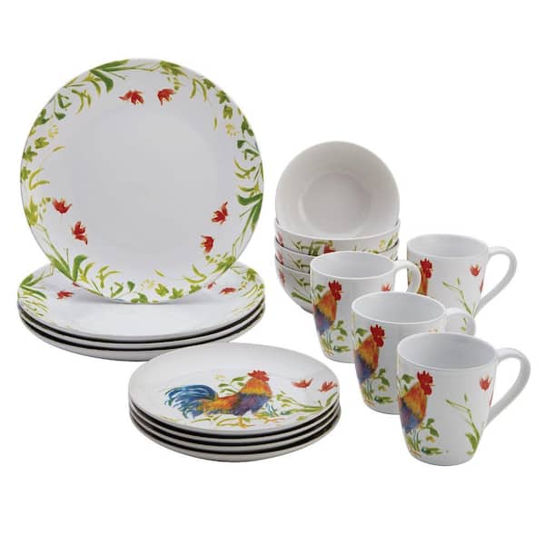 BonJour Dinnerware Meadow Rooster Stoneware 16-Piece Set in Print