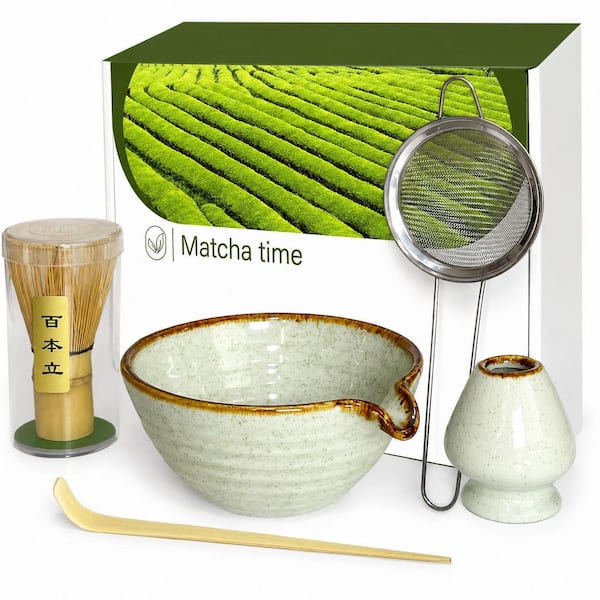 Ceramic Matcha Whisk Kit with Bamboo Whisk Holder Scoop Sifter Bowl Spout for Tea Enthusiasts Kitchen Decor