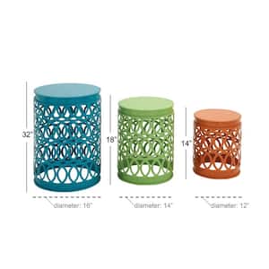 16 in. Multi Colored Indoor Outdoor Nesting Large Round Iron End Table with Carved Trellis Design (3- Pieces)
