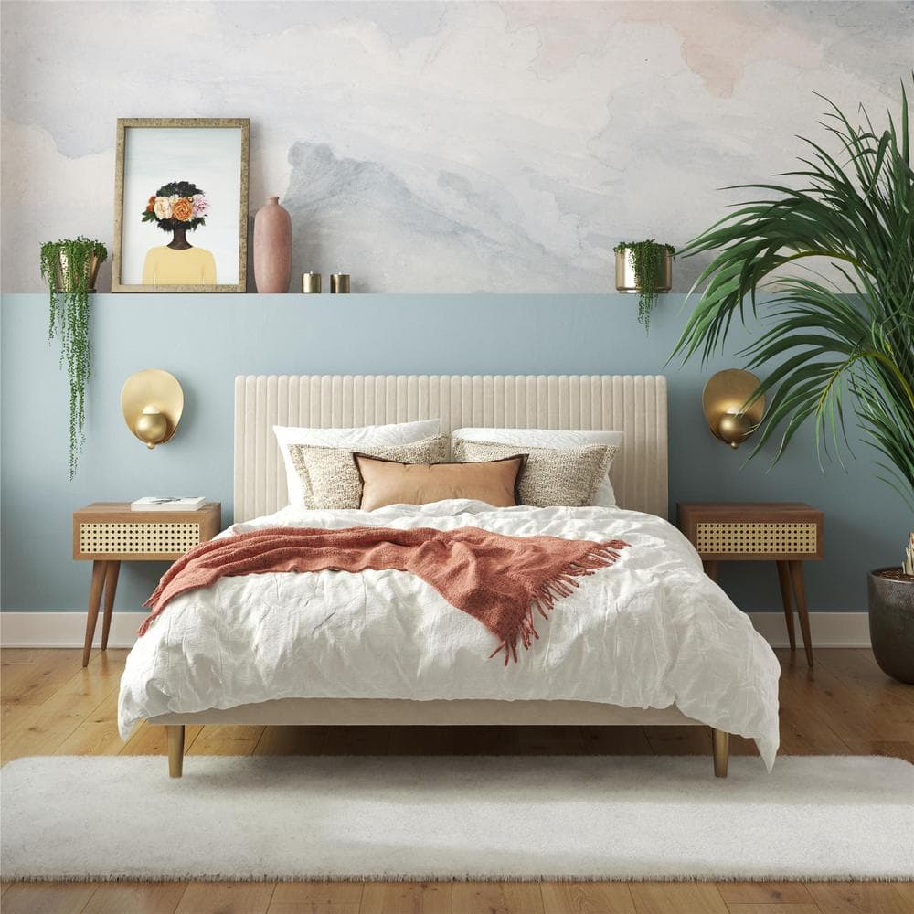 Ivory Velvet Full Upholstered Bed with Tufted Headboard and Slats