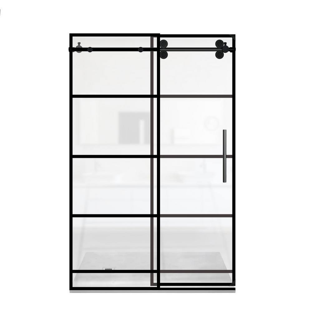 60" Matte Black Framed Sliding Shower Door with Stainless Steel Handle
