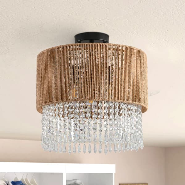 Bohemian 14.97 in. 3-Light Black 2-Tier Drum Semi-Flush Mount Ceiling Light with Yellow Rattan and Clear Crystal Shade