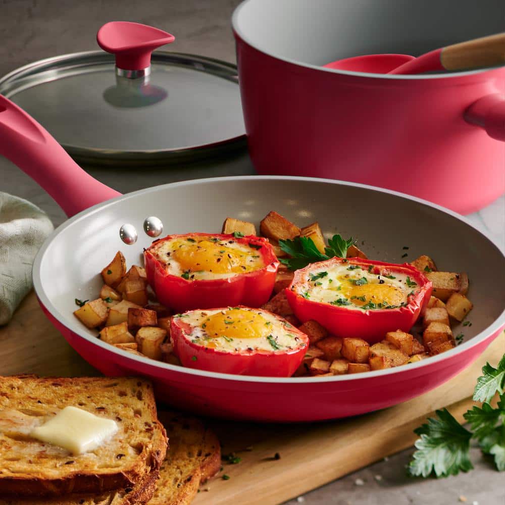 Red 14-Piece Nonstick Ceramic Cookware Set with Glass Lids