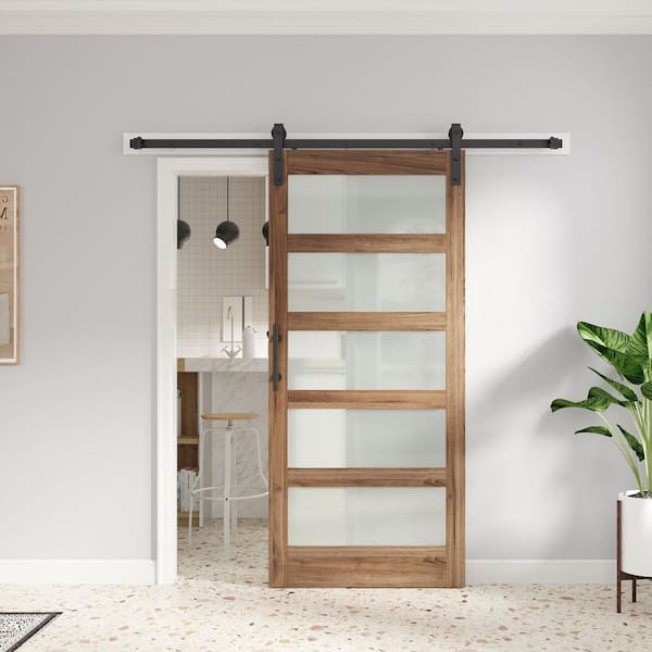 36 in. x 80 in. 5-Lite Frosted Glass Brown Finished Solid Wood MDF Assembly Required Sliding Barn Door with Hardware Kit