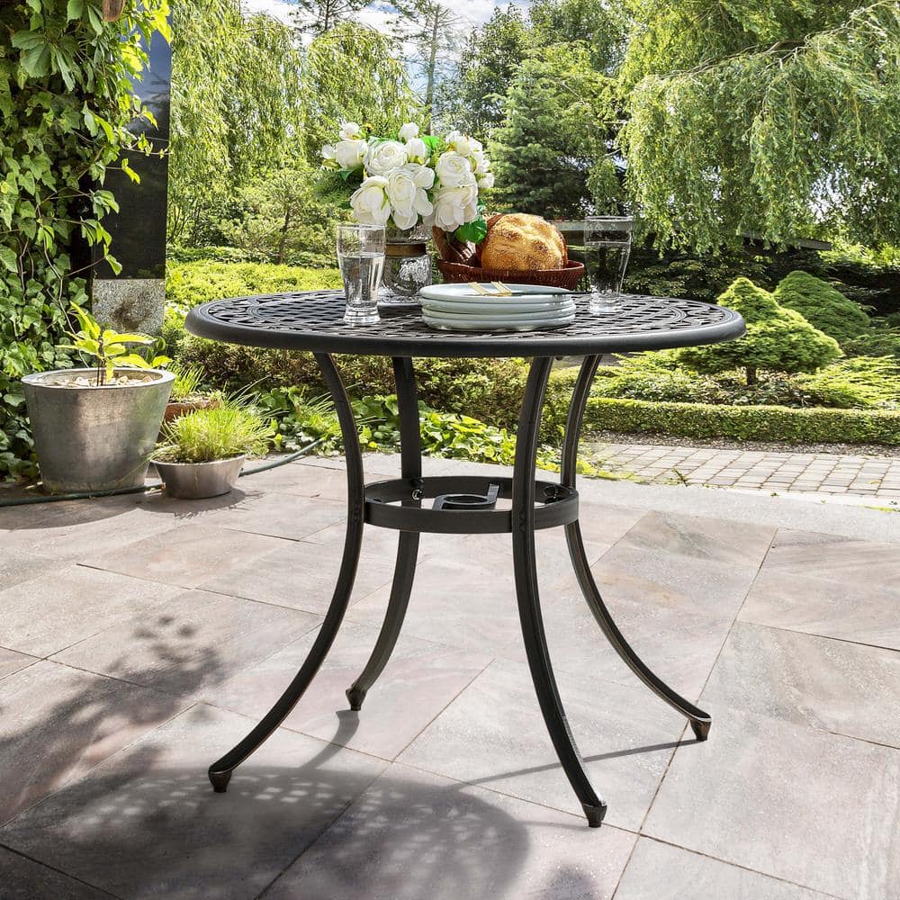 Bronze Round Cast Aluminum Patio Bistro Table with Umbrella Hole