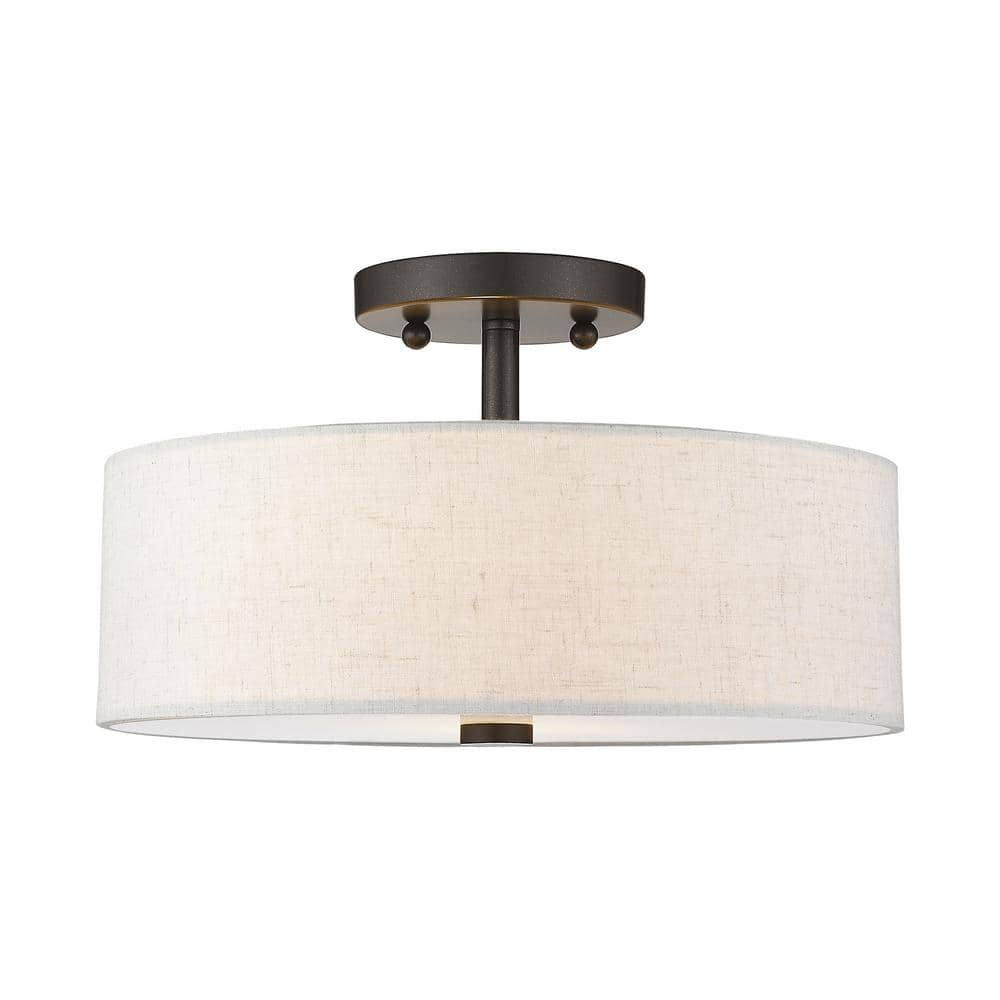 Meridian English Bronze 13" Drum Semi-Flush Mount with Oatmeal Fabric Shade