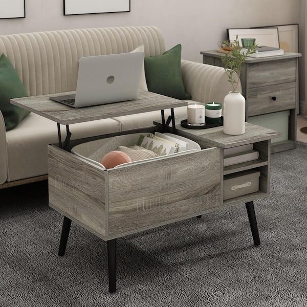 JENSEN 17.7 in. Grey Oak Rectangle Wood Coffee Table with Lift Top Hidden Compartment