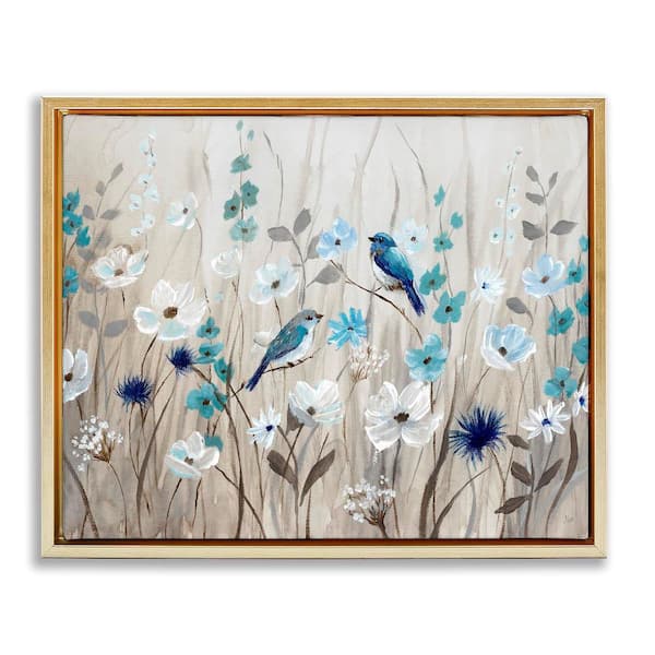 Stupell Industries Birds Floral Meadow Blossoms by Nan 1-Piece Gold Floater Frame Nature Graphic Art Print 17 in. x 21 in.