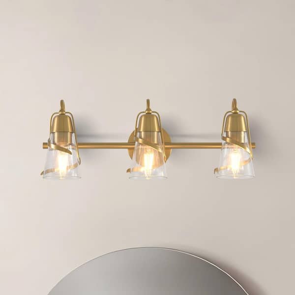 24 in. 3-Light Gold Modern Wall Sconce Vanity Light with Glass Shade