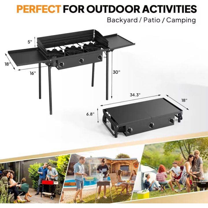 Portable Black 3-Burner Propane Gas Grill with Folding Shelves