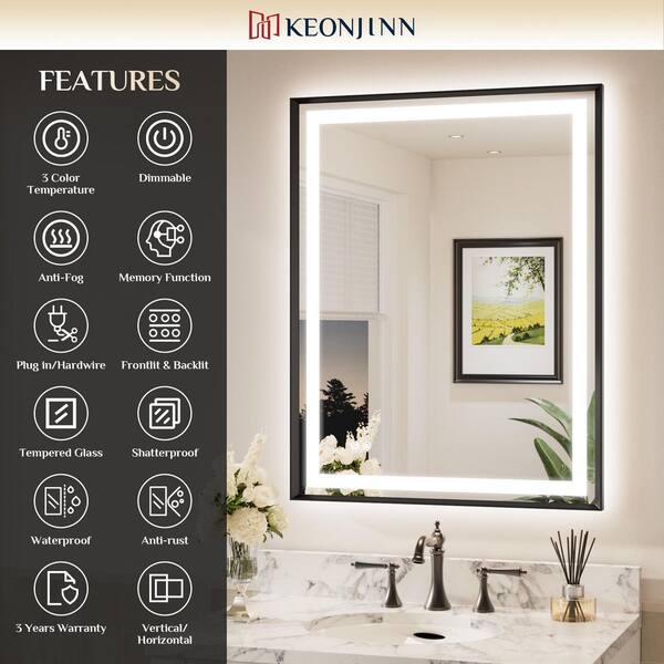 KQTULH 40x24 Inch LED Bathroom Mirror - Anti-Fog, Dimmable, Touch Control, Wall Mounted Vanity Mirror