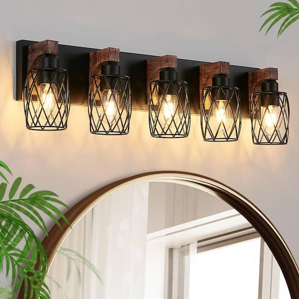 GMGSROM 31 in. 5-Light Black Vanity Light with Wood Accents and Drum Metal Cage Shade