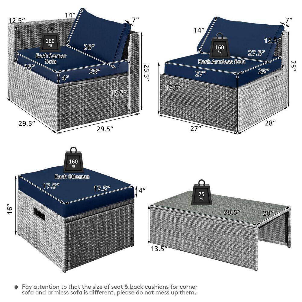 8-Piece Navy PE Rattan Outdoor Patio Furniture Set