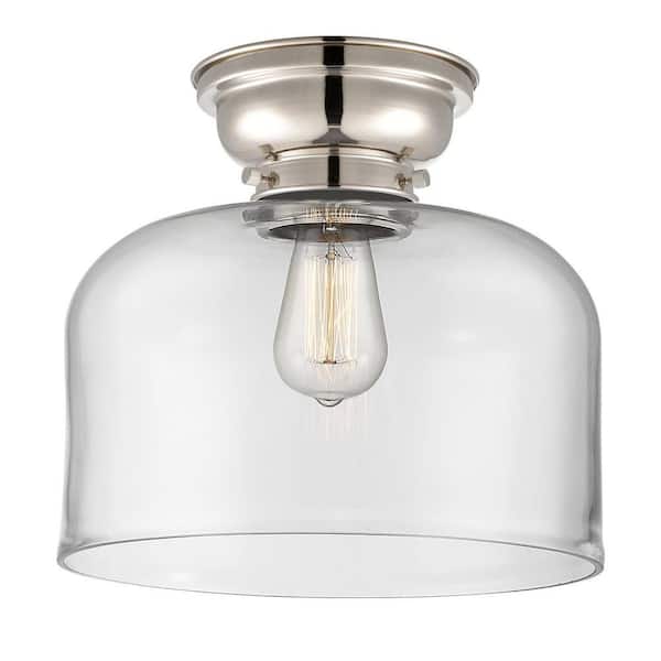 Bell 12 in. 1-Light Polished Nickel Industrial Flush Mount with Clear Glass Shade