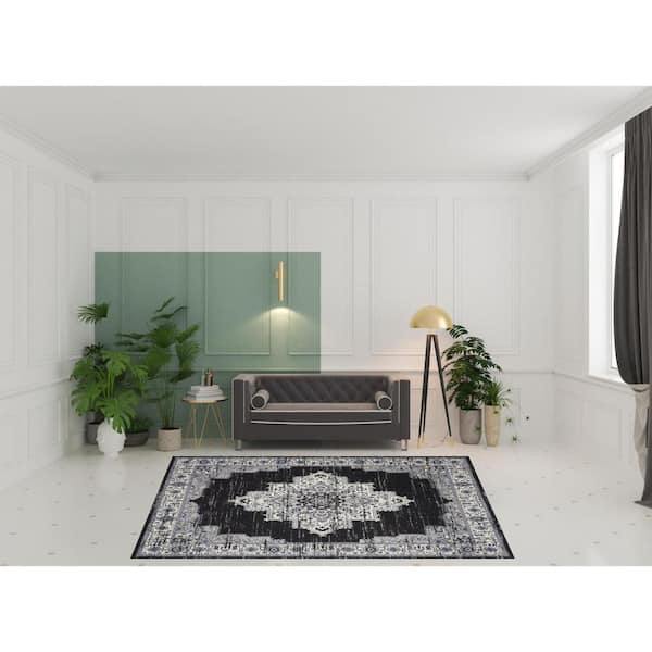 8' X 10' Black Floral Power Loom Distressed Area Rug