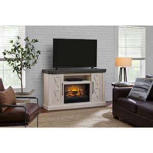 Spaulding 58 in. Freestanding Electric Fireplace TV Stand in Light Taupe Ash Grain w/ Charcoal Top