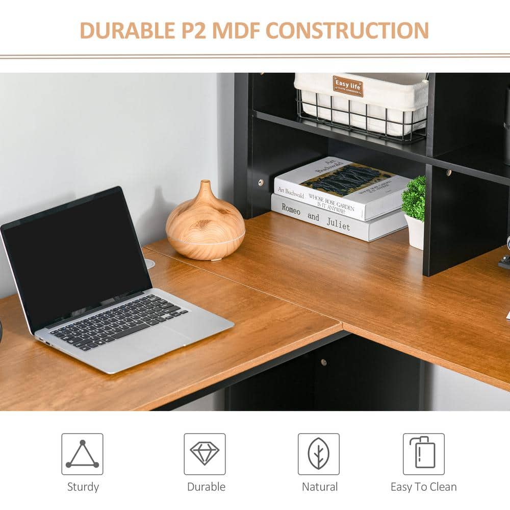 Black L-Shaped Wood Computer Desk with Hutch and Drawer