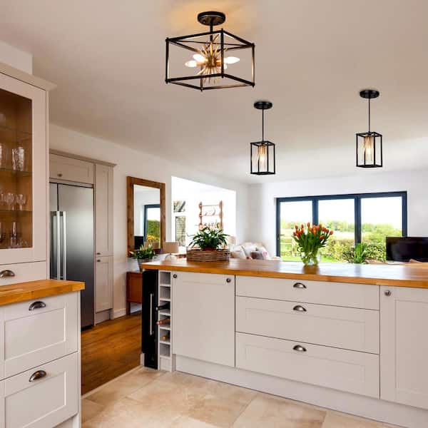 Modern Transitional Semi-flush Mount, 4-Light Black and Gold Farmhouse Square Island Ceiling Lights with Sputnik Design