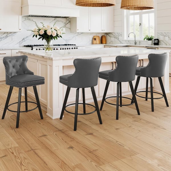 27 in. Counter Stool Dark Gray Faux Leather Upholstered Button Tufted Swivel Bar Stool with Wood Frame Set of 4