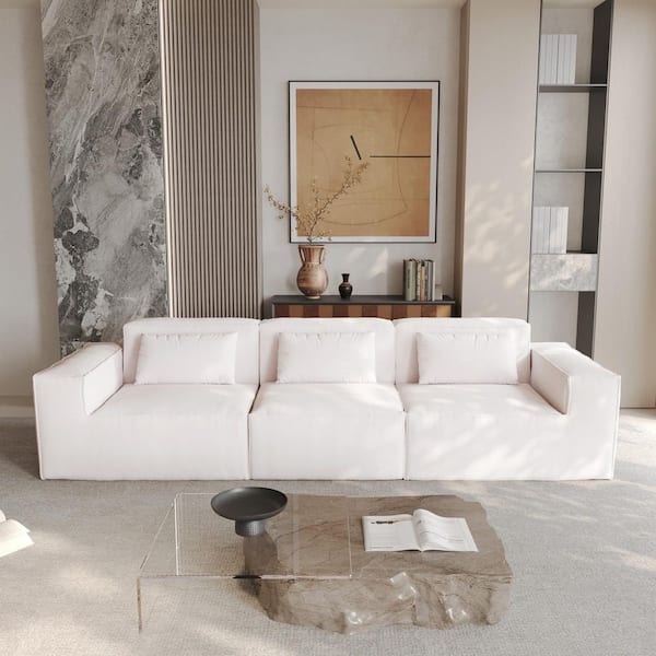 J&E Home 118 in. Square Arm Corduroy 3-Piece Modular Sectional Sofa in Beige