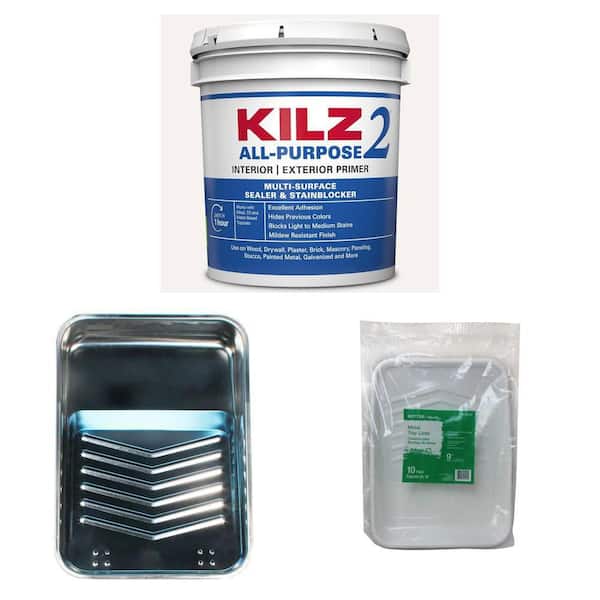 KILZ 2 ALL PURPOSE 2 gal. White Primer, 9 in. Metal Tray, and 9 in. Plastic Tray Liner (10-Pack)