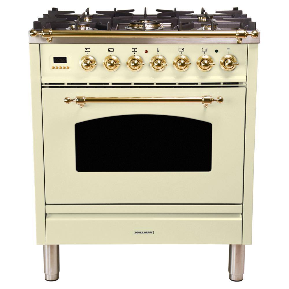 Hallman 30 in. 3.0 cu. ft. Single Oven Dual Fuel Italian Range with True Convection, 5 Burners, Brass Trim in Antique White