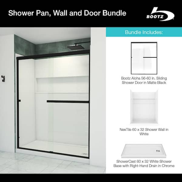 Aloha ShowerCast 60 in. x 32 in. Right Shower Pan, NexTile 60 in. x 32 in. Shower Wall and Matte Black Shower Door Kit Bootz Industries