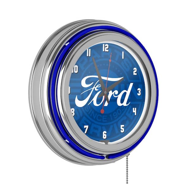 Genuine Parts Chrome Double Rung FORD Neon Wall Clock 3 in x 14 in 