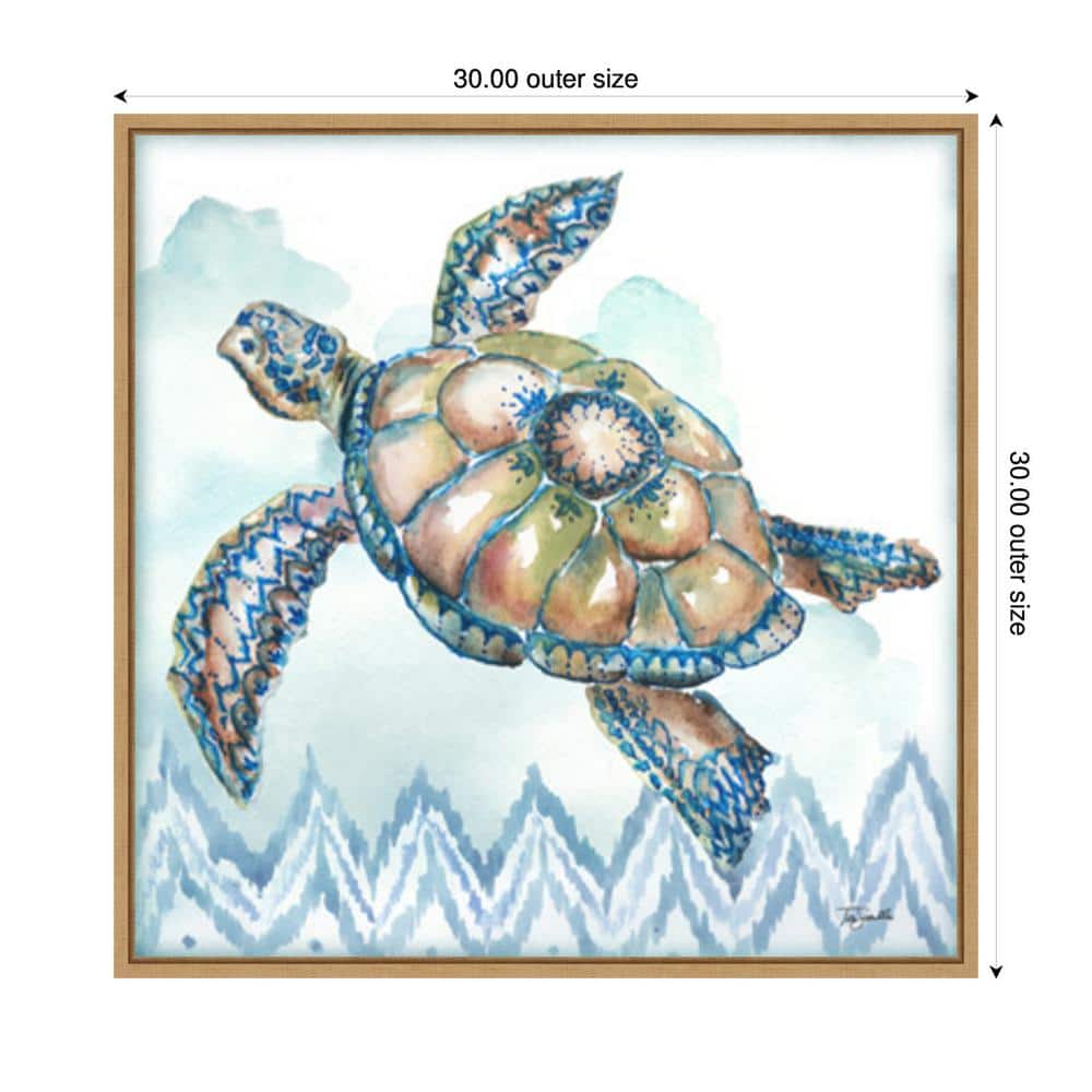 30"x30" Blue and Green Watercolor Sea Turtle Framed Canvas Wall Art
