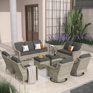 Eureka Gray 9-Piece Wicker Modern Outdoor Patio Conversation Sofa Seating Set with Swivel Chairs and Black Cushions