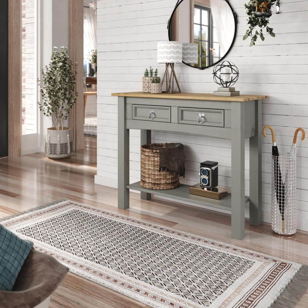 Gray and Antique Brown Solid Pine Console Table with Storage