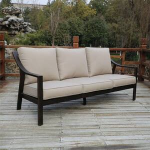 Dark Bronze Frame 1-Piece Aluminum Outdoor Chaise Lounge Sofa Couch with Taupe Cushions 3-Seat for Garden Pavilion